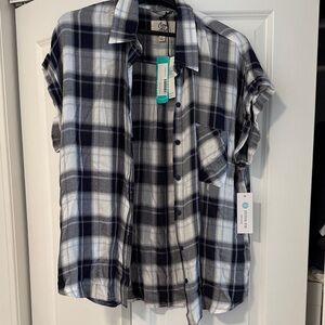 Relaxed Navy and White Plaid Button-Down Shirt